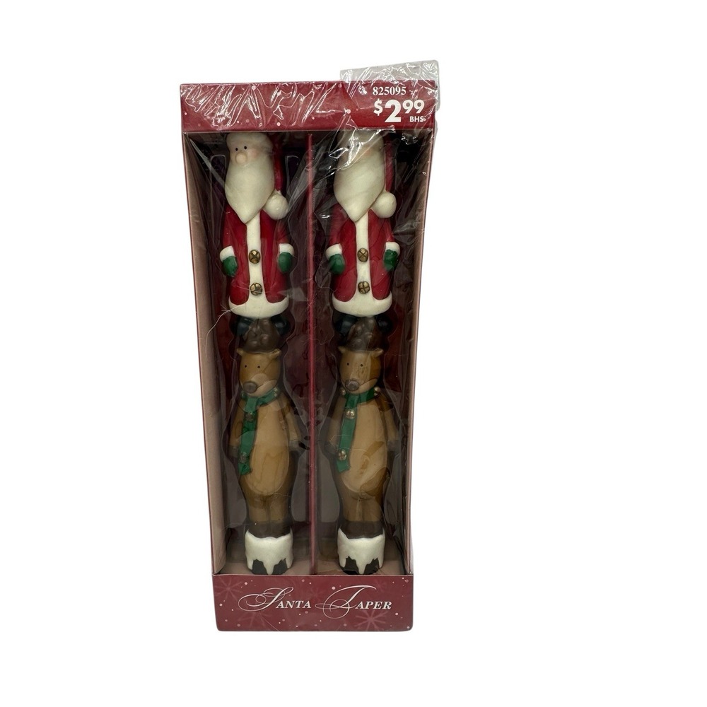 Set of 2 Russ Berrie Handpainted‎ Santa & Reindeer Taper Christmas Candles